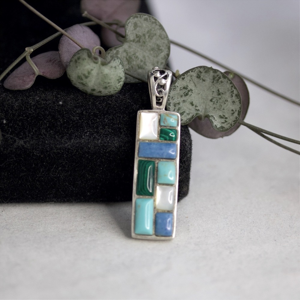 Sterling Silver MultiStone Inlay Rectangle Pendant Turquoise Malachite Lapis 925
